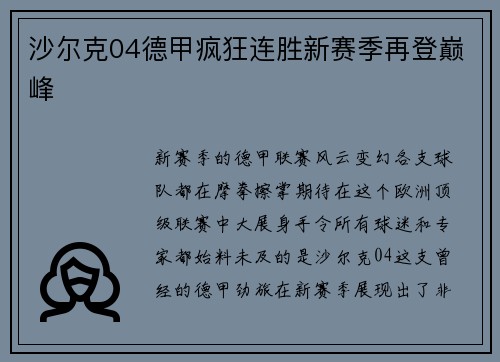 沙尔克04德甲疯狂连胜新赛季再登巅峰