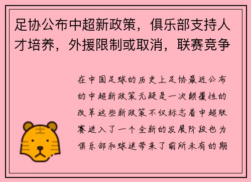 足协公布中超新政策，俱乐部支持人才培养，外援限制或取消，联赛竞争更激烈