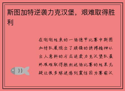 斯图加特逆袭力克汉堡，艰难取得胜利