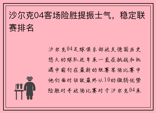 沙尔克04客场险胜提振士气，稳定联赛排名